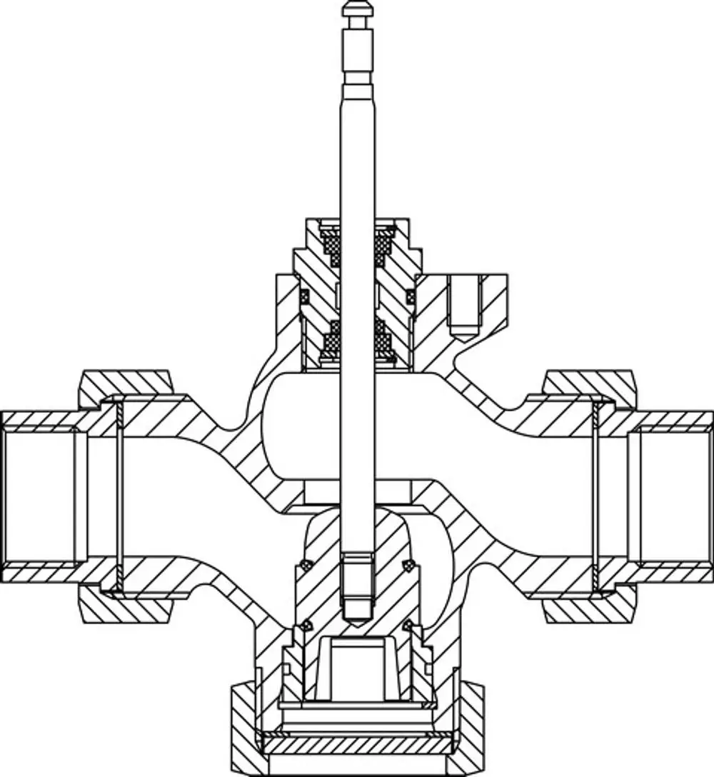 Schematische Darstellung eines Regelventils von IMI Hydronic Engineering, mit durchsichtiger Ansicht auf interne Komponenten und Anschlussstutzen.